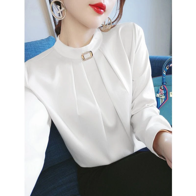 加绒白色立领衬衫女士2023新款洋气质职业衬衣秋冬长袖高级感上衣