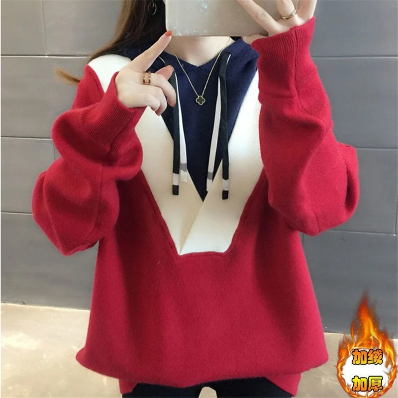 特大码胖mm300斤宽松显瘦上衣女拼接加绒加厚修身长袖卫衣外套女