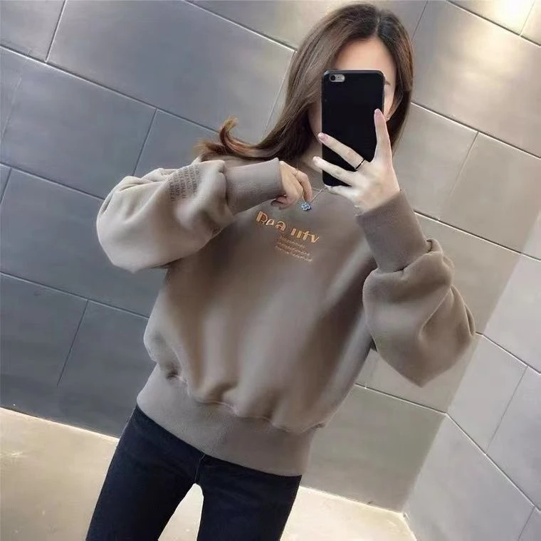 2023秋冬加绒印花短款卫衣新款百搭减龄欧货无帽小个子洋气女上衣