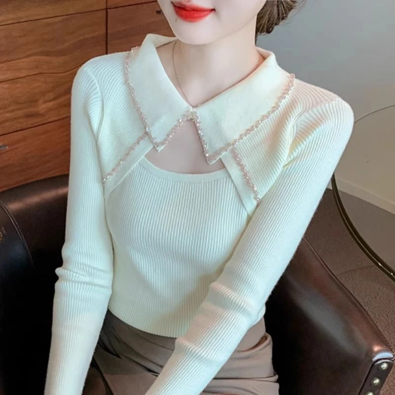 【心选】娃娃领钉珠假两件毛衣女秋冬新款洋气内搭长袖打底针织衫