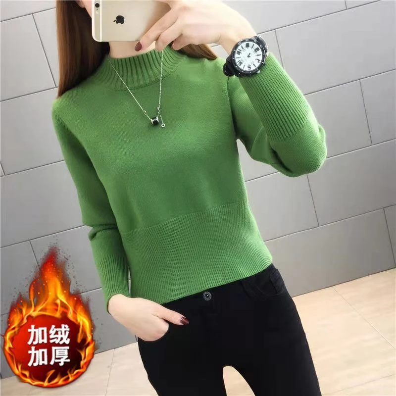 秋冬一体绒毛衣保暖高腰短款半高领针织衫加绒加厚小个子打底衫女