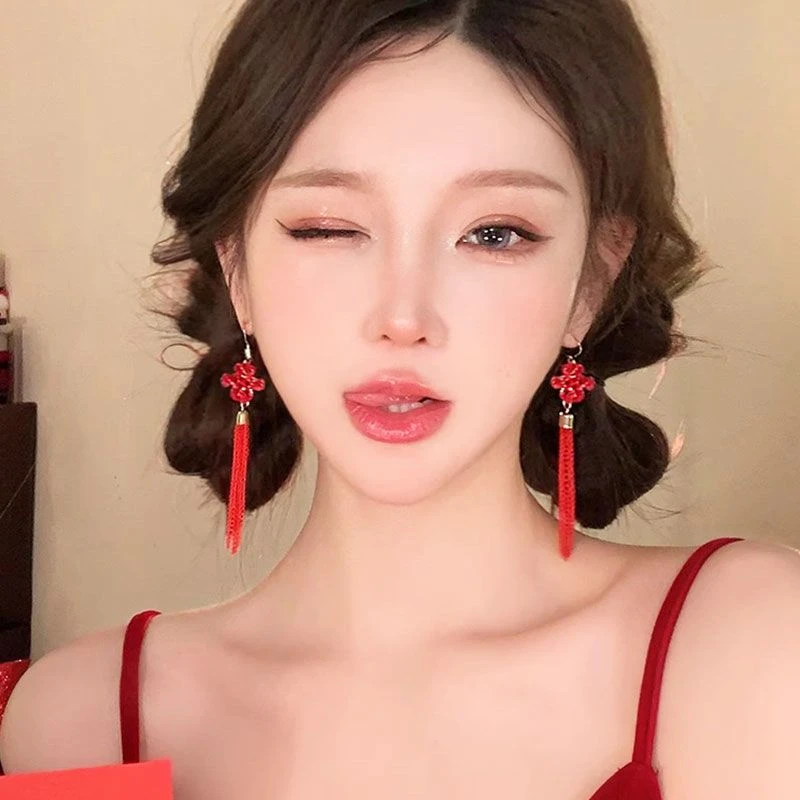 喜迎新春~红色中国结流苏耳钉2023新款高级国风耳环气质百搭耳饰