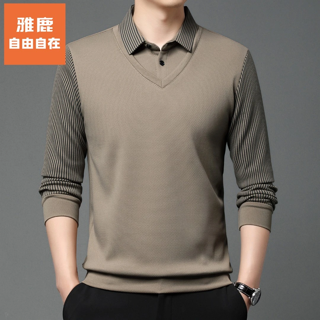 雅鹿•自由自在假两件翻领男装长袖t恤秋季宽松针织衫商务休闲上衣