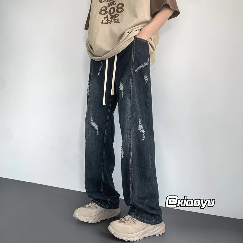 破洞牛仔裤男夏季薄款美式复古宽松潮牌直筒垂感大码高街休闲裤子
