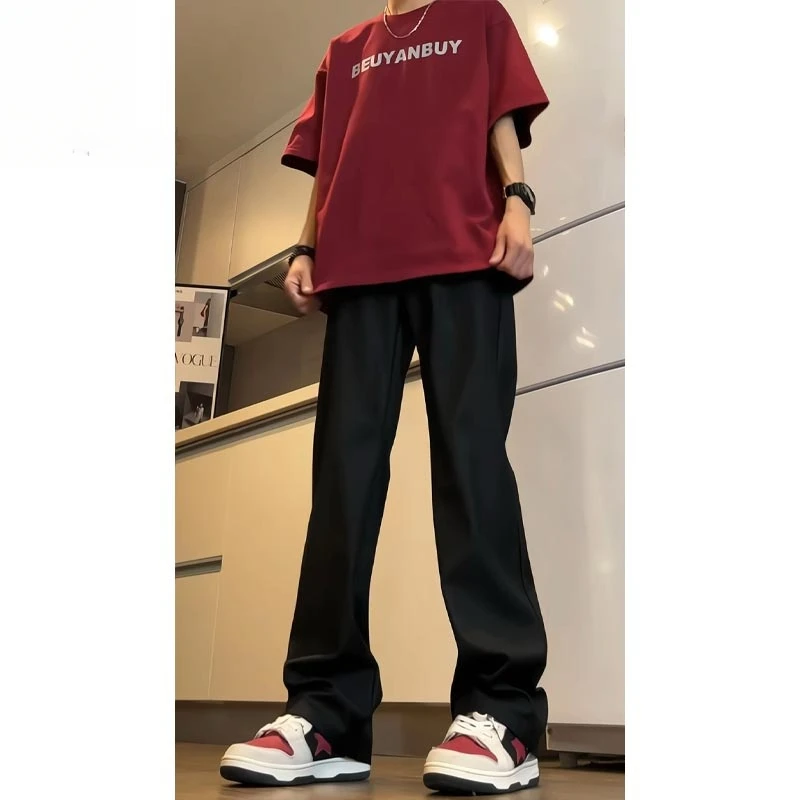 JOLIMENT纯黑色西裤直筒垂感裤子男款修身小脚大码微喇裤显瘦裤