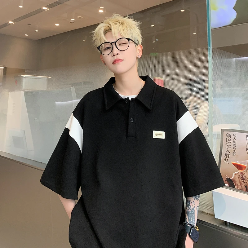 JOLIMENT日系复古polo领短袖T恤男夏季潮牌半袖潮流宽松五分中袖