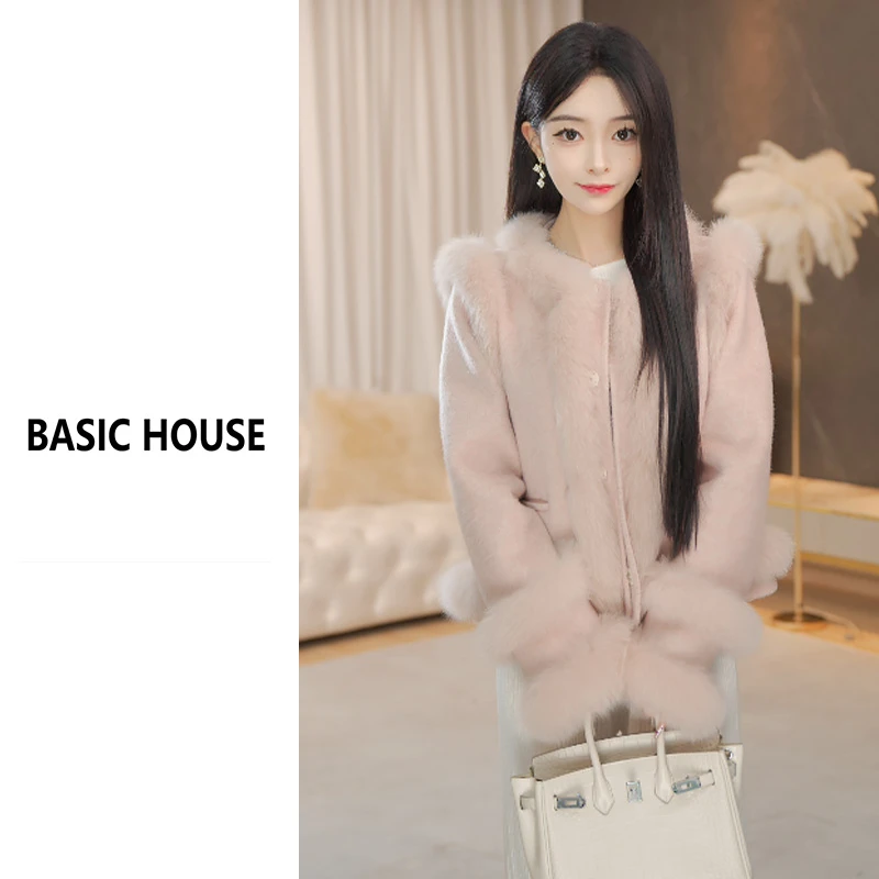 Basic House/百家好24秋冬新款狐狸毛双面羊毛韩系时尚短款大衣