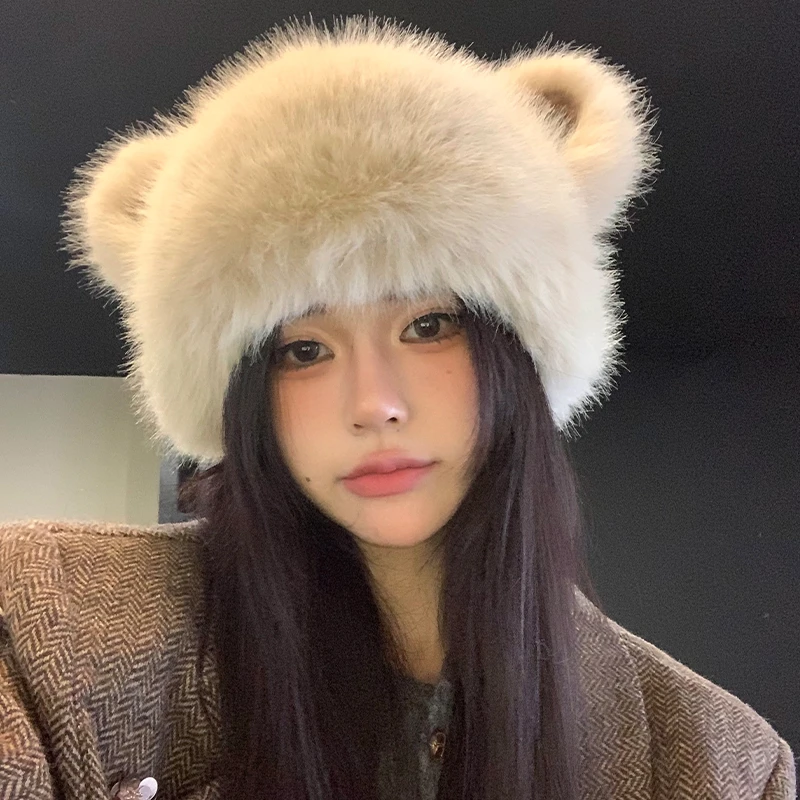 可爱小熊毛绒帽女秋冬季韩版显脸小护耳帽加绒保暖蒙古东北帽子
