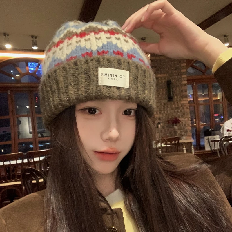 费尔岛风针织帽子女秋冬季韩系高级感保暖防风加厚护耳毛线套头帽