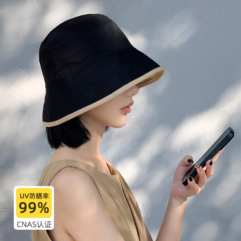 双面渔夫帽女夏季薄款遮阳防晒大头围盆帽防紫外线黑色显脸小帽子