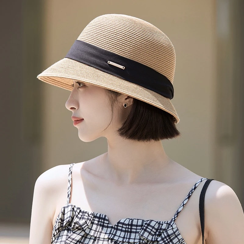 编织草帽女2025新款太阳帽日系百搭赫本风夏季海边遮阳防晒渔夫帽