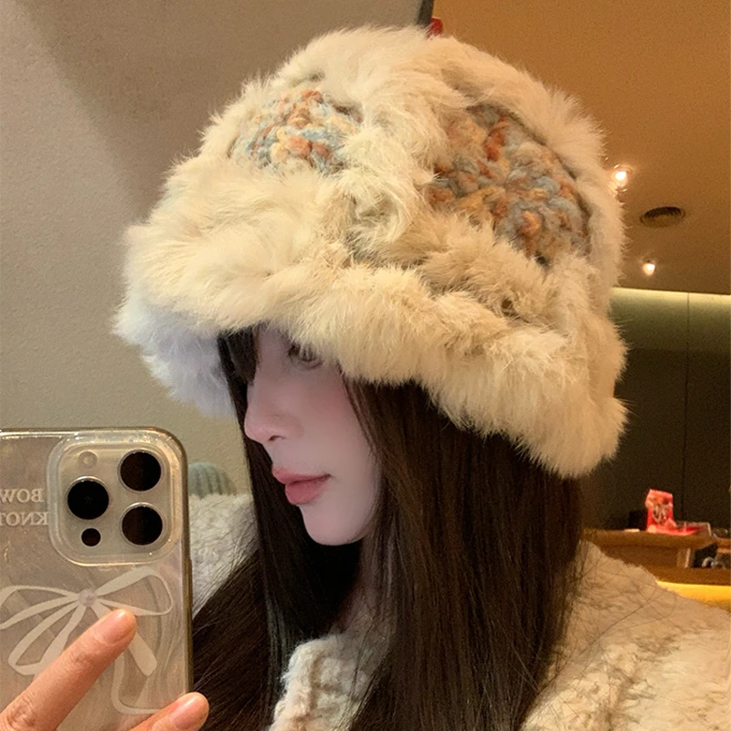 兔毛帽子女冬季韩系可爱百搭显脸小渔夫帽防寒保暖毛线帽冬大头围