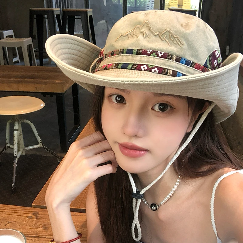 西部旅游牛仔帽女夏季户外大帽檐渔夫帽显脸小防晒帽遮阳登山帽子