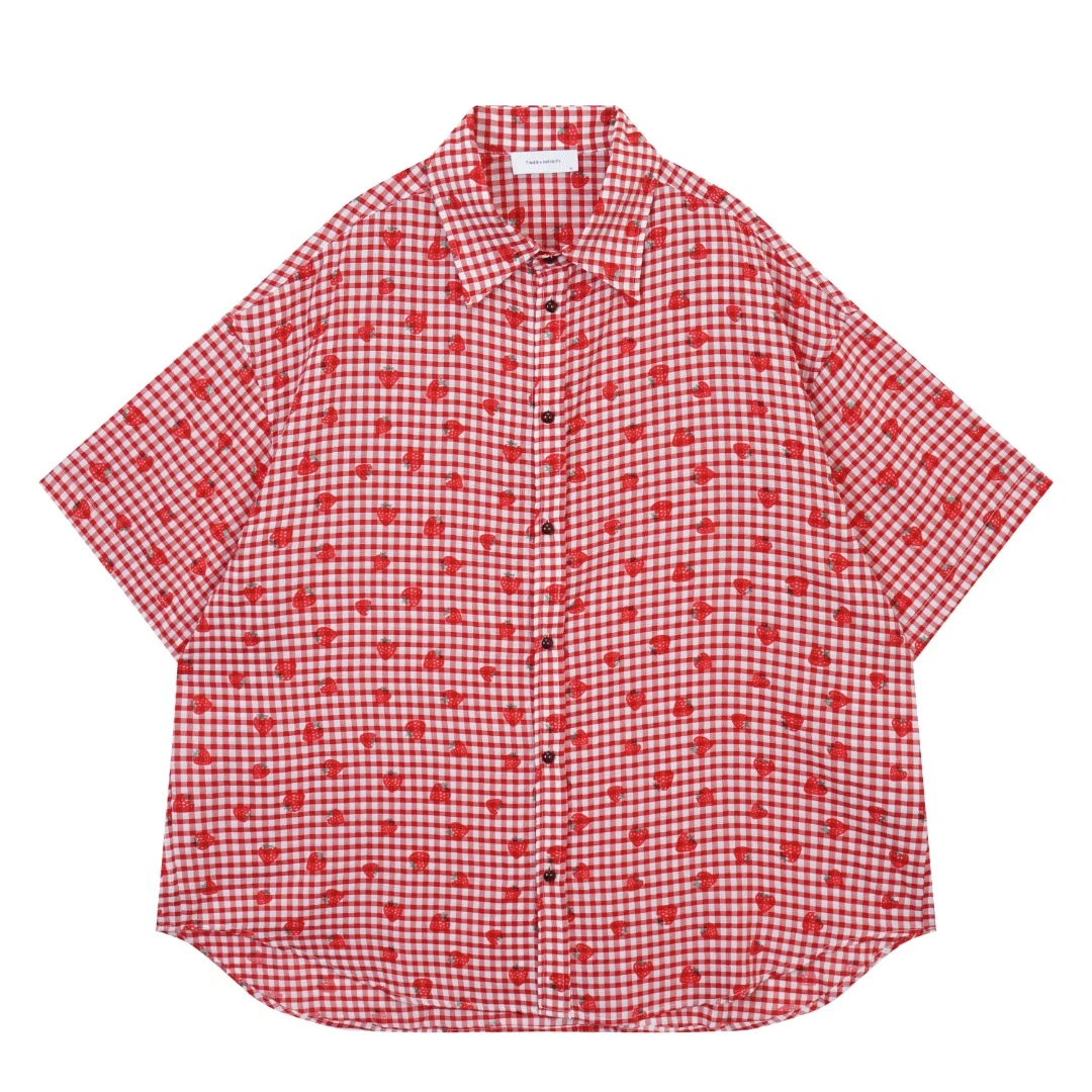 春夏新款 清新草莓格子舒适宽松短袖衬衫3595