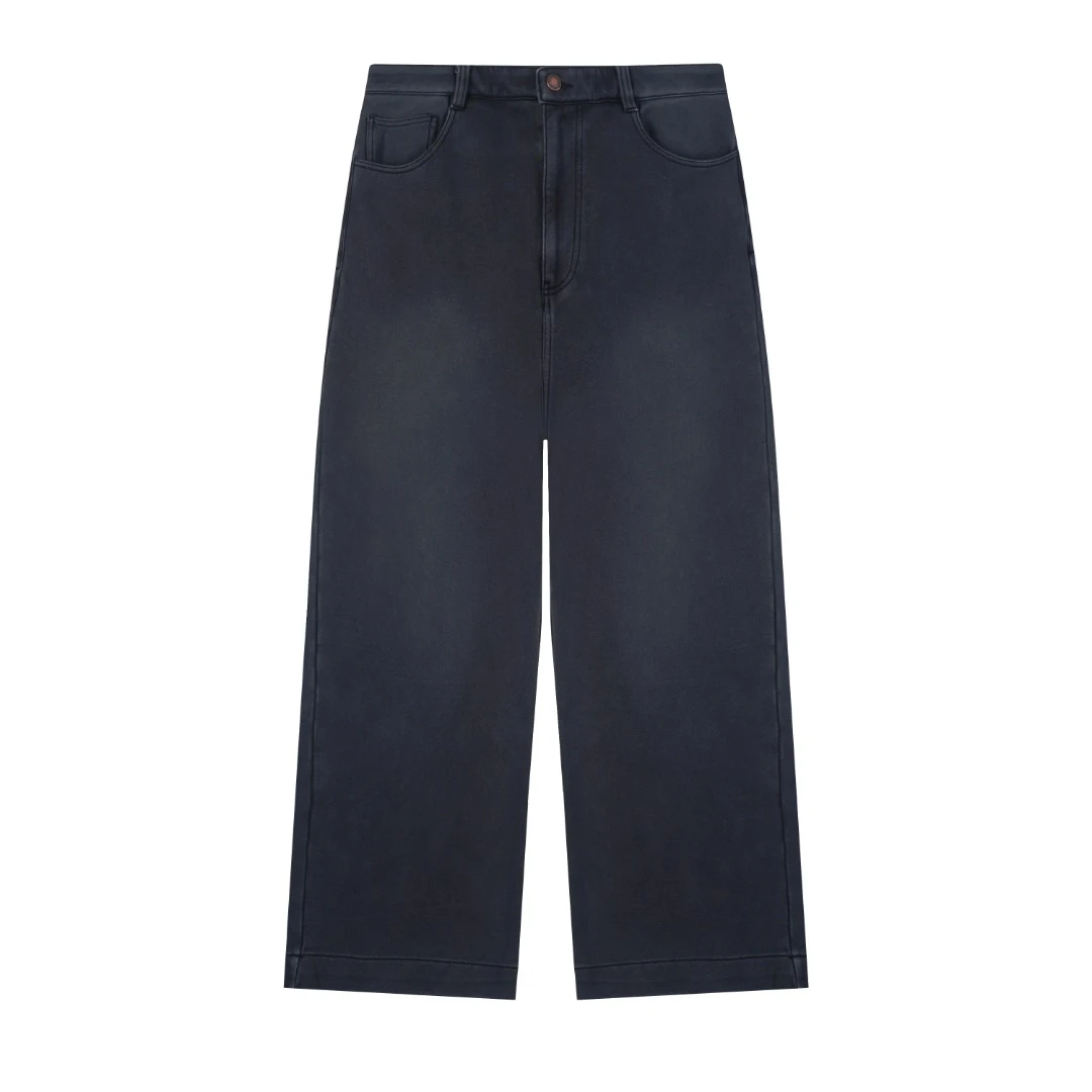 480克 水洗成衣染色牛仔效果休闲直筒阔腿针织裤 6711