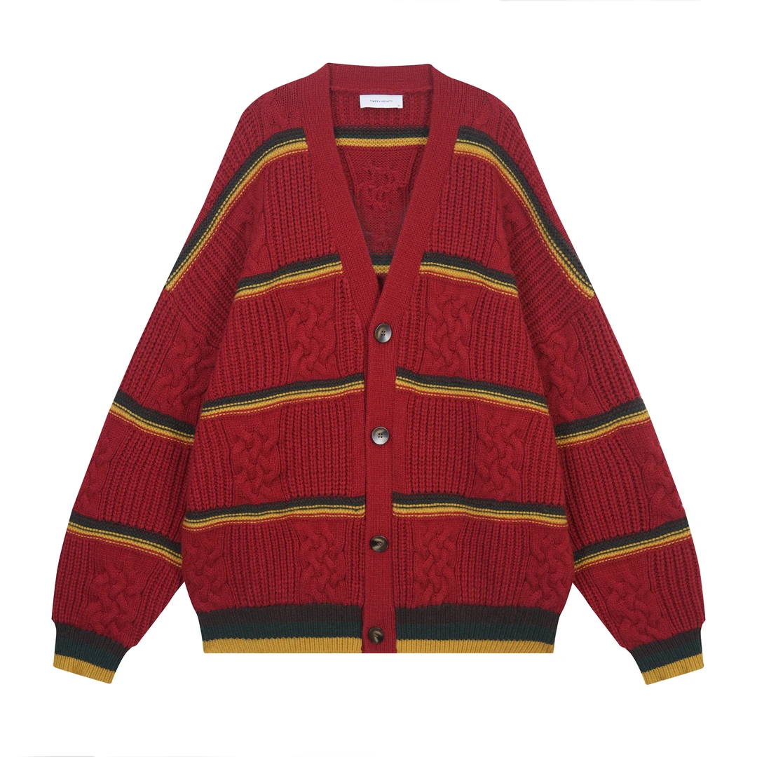 圣诞系列  绵羊毛混纺 阔型撞色经典条纹开衫毛衣 3389