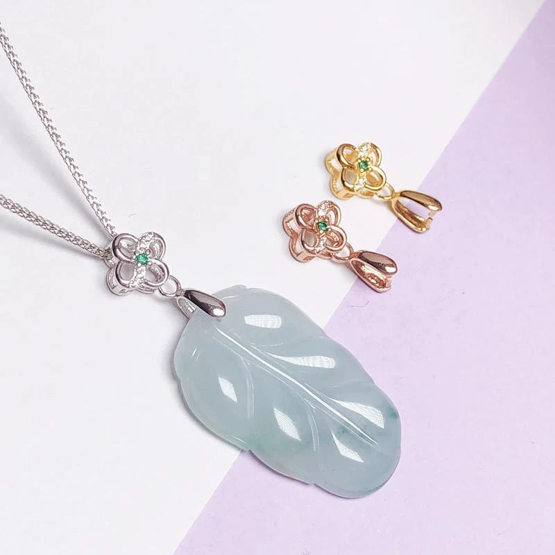 925银银制品 吊坠扣头925纯银配件精致叶子如意夹扣玉石对夹项链
