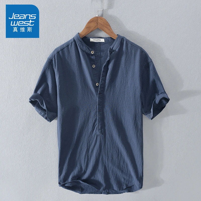 真维斯夏季棉麻布麻棉休闲透气男士衬衫套头帅气宽松青年衬衣男款