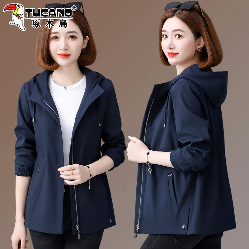 【官方】啄木鸟风衣女新款春秋薄款外套时尚休闲小个子短款连帽上衣