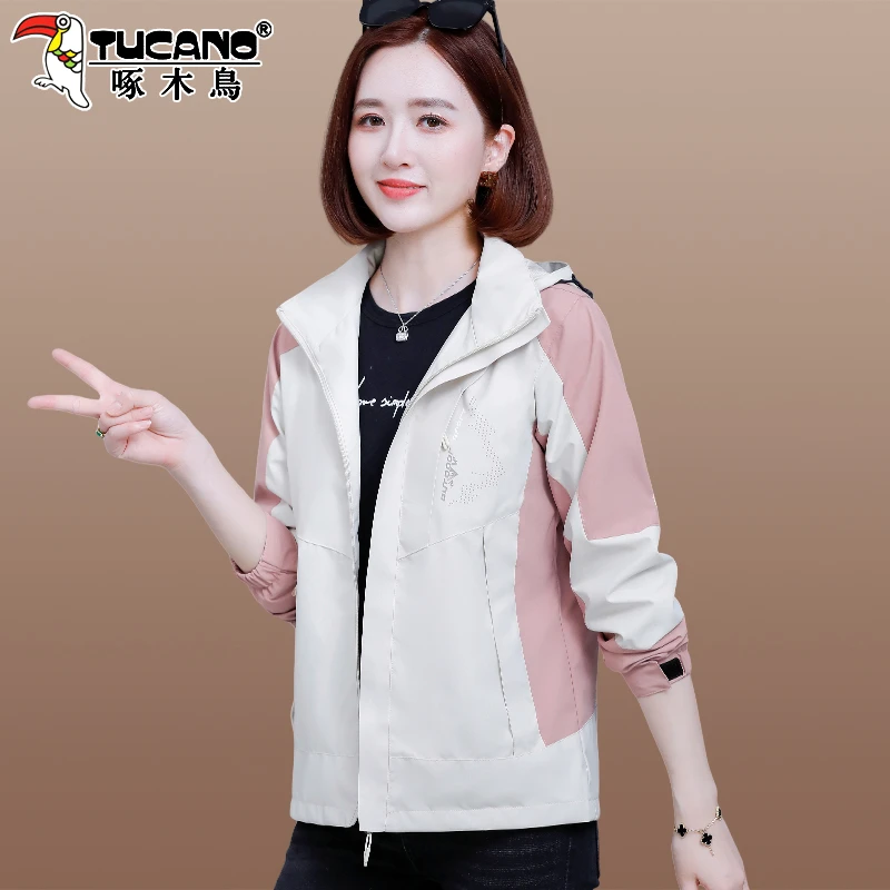 【官方】啄木鸟冲锋衣外套女春秋2025新款休闲运动宽松连帽夹克上衣