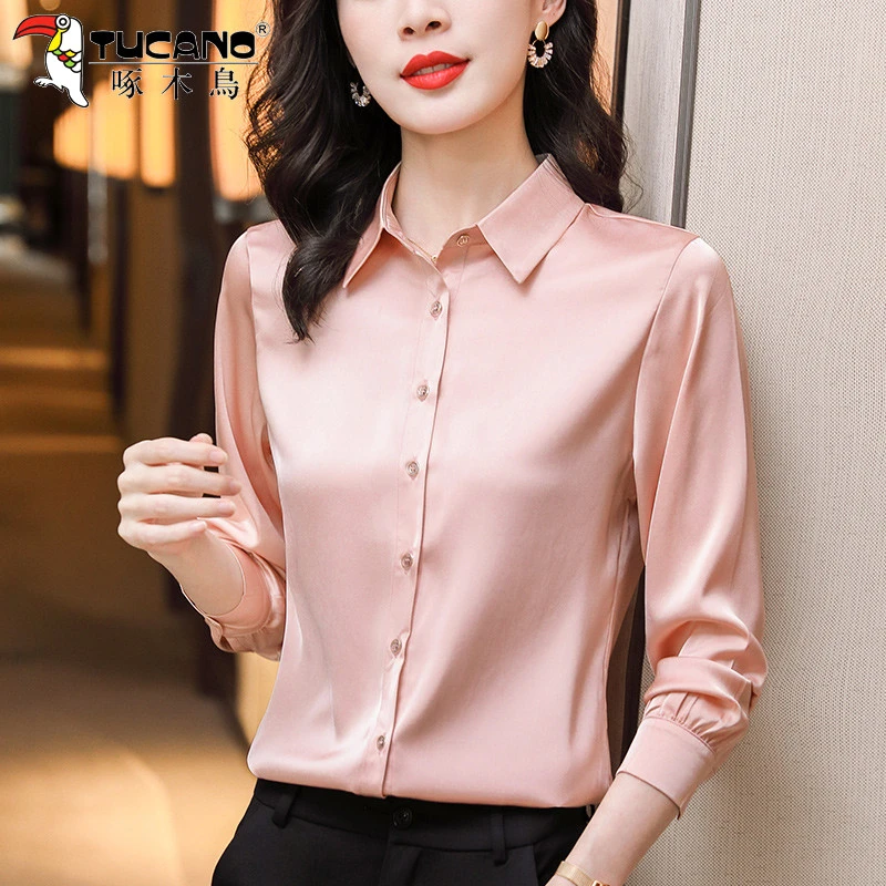 【官方】啄木鸟坊缎面长袖雪纺衬衫女春秋新款职业垂感工作服衬衣