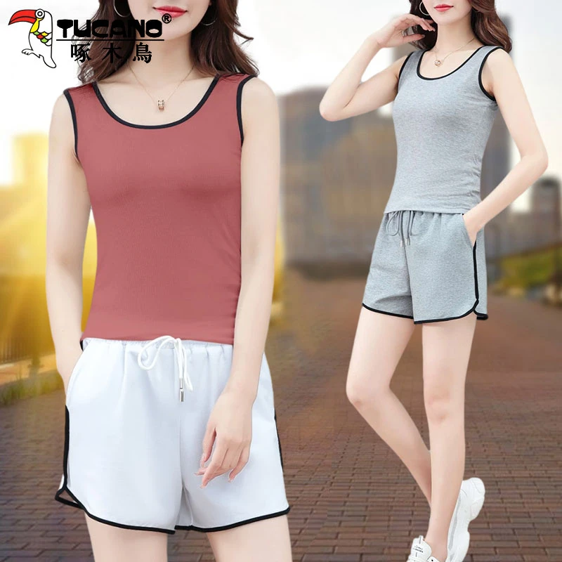 【官方】啄木鸟冰丝运动装女夏新瑜伽健身跑步背心短裤两件套