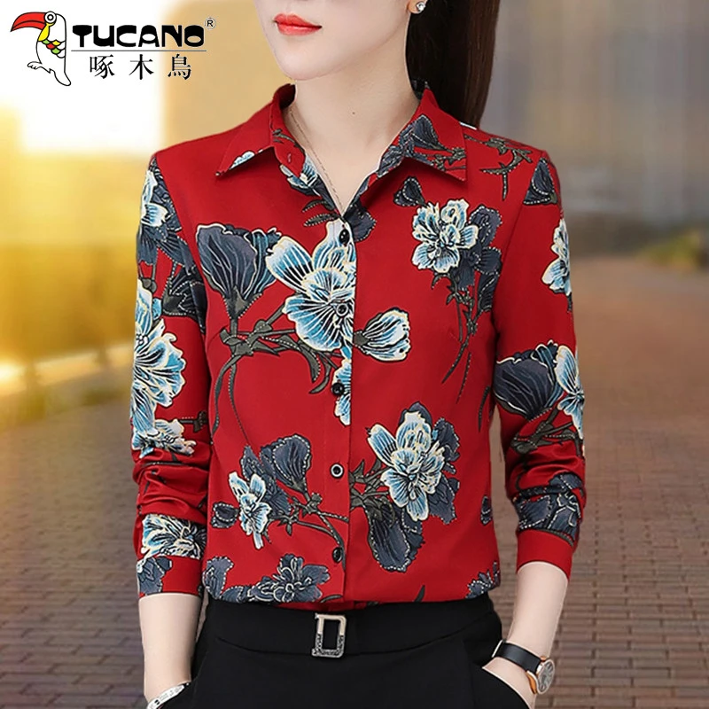 【官方】啄木鸟印花碎花雪纺衬衫女士长袖春秋新款中年时尚衬衣
