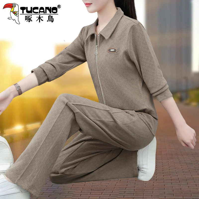 【官方】啄木鸟休闲运动套装新款时尚妈妈秋装显瘦卫衣外套休闲服