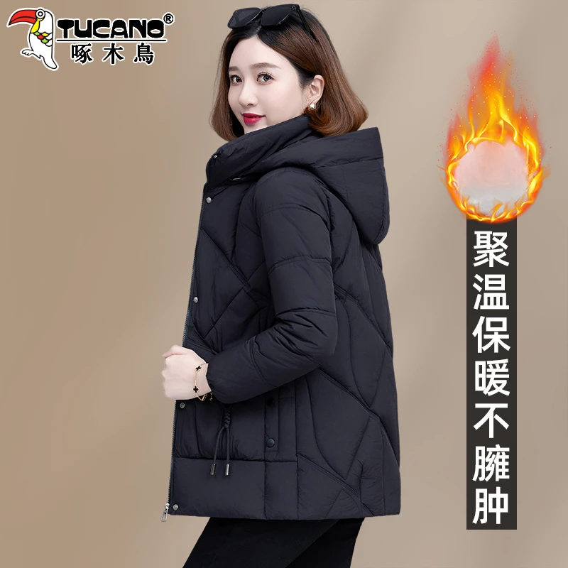 【官方】啄木鸟棉服女冬季新款中年妈妈冬装加厚保暖连帽棉衣外套