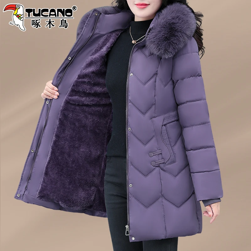 【官方】啄木鸟棉服女士冬季新款妈妈冬装加绒棉袄中长款棉衣外套