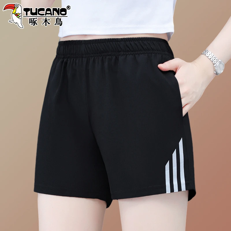 【官方】啄木鸟冰丝短裤夏高腰a字显瘦五分裤宽松女休闲速干运动裤