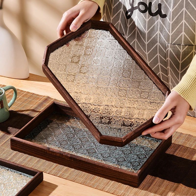 海棠压花创意玻璃托盘复古长方形茶盘收纳茶水杯子点心水果盘家用