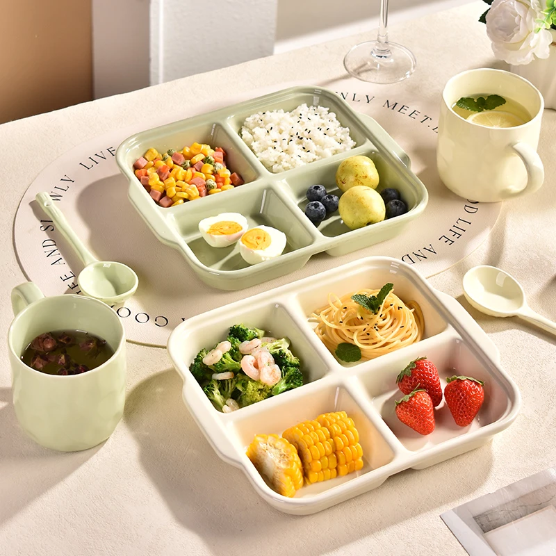 陶瓷四格早餐盘分格盘分餐盘家用釉下彩月子餐盘大人减肥儿童专用