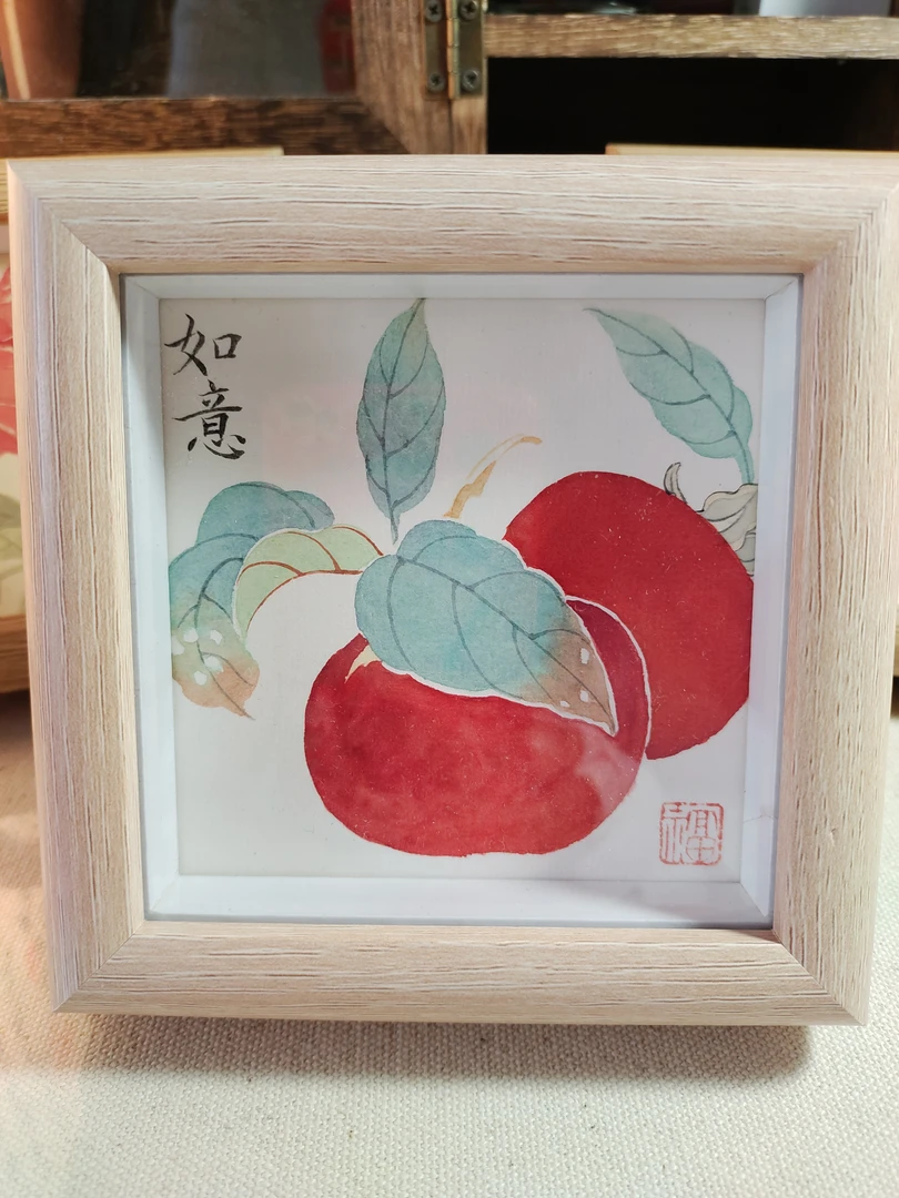 【柿柿如意】国风手绘摆台，带框（非实木）画框12*12，画芯10*10。