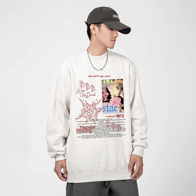 潮流美式嘻哈国潮秋冬宽松印花加绒圆领卫衣