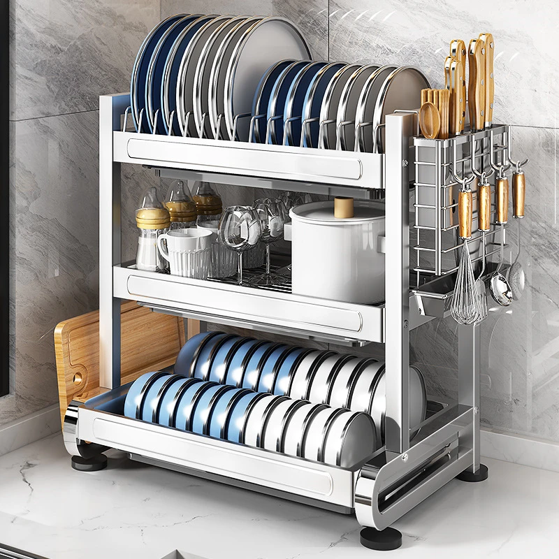 304不锈钢厨房三层置物架碗碟收纳架家用碗柜放碗盘碗筷沥水架子