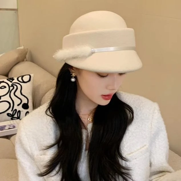 贝雷帽子女秋冬季赫本风名媛复古水貂毛羊毛呢鸭舌帽小礼帽空姐帽