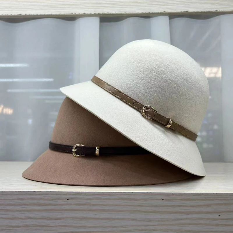 韩国百搭秋冬出游羊毛呢盆帽渔夫帽女青中老年优雅圆顶皮扣小礼帽