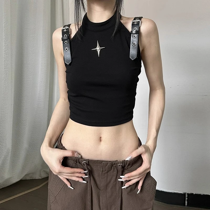 纯欲风辣妹上衣女短款修身显瘦无袖T恤露脐设计感小众背心打底衫