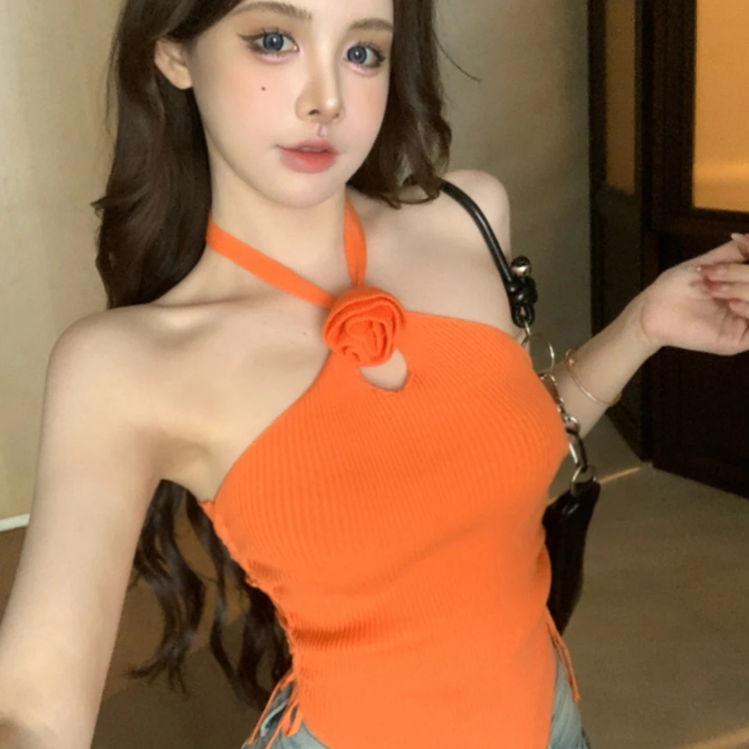 韩版夏季新款纯欲甜辣风挂脖吊带短款针织性感小背心上衣女夏季