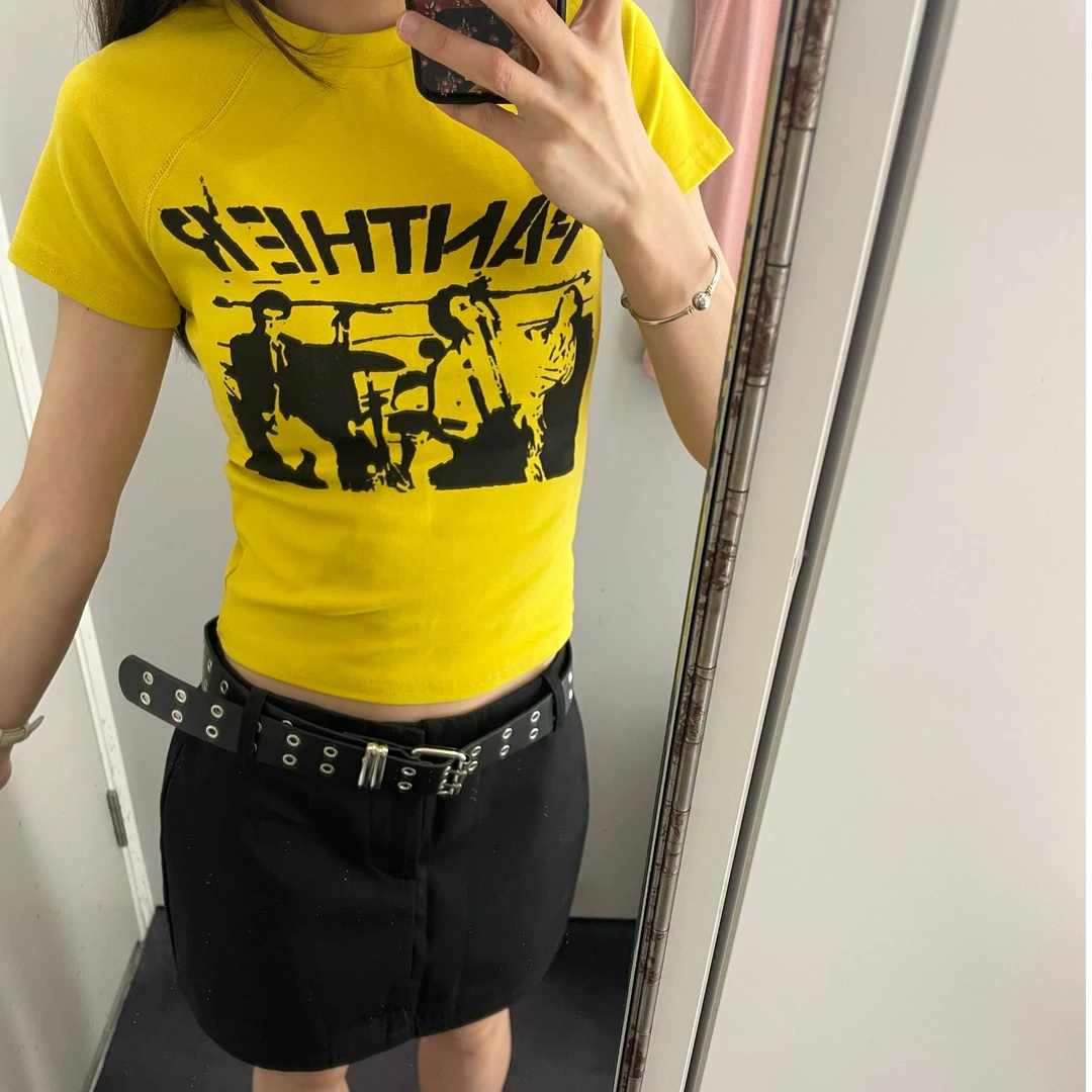美式复古印花短袖t恤女夏季修身显瘦甜辣妹短款露脐紧身正肩上衣