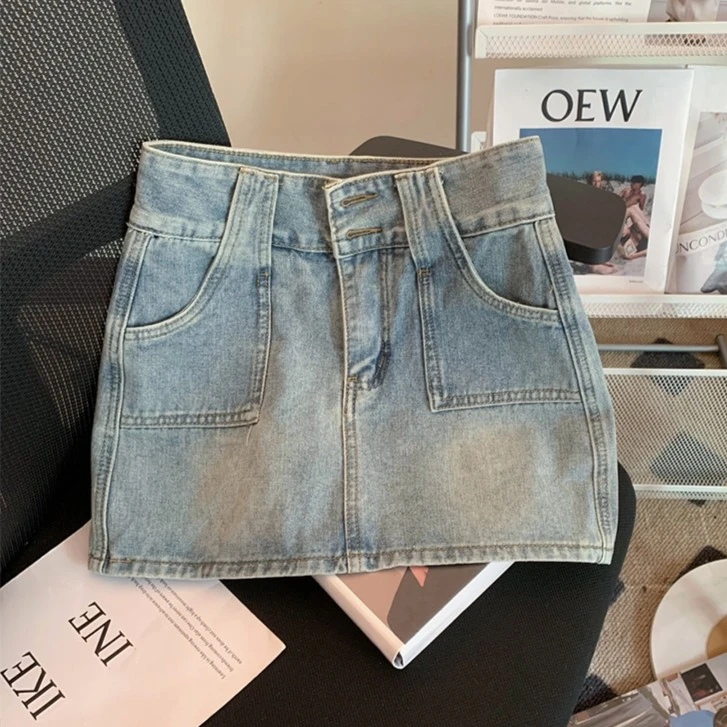 复古浅蓝色牛仔半身裙裤女2023夏新款高腰显瘦甜辣美包臀a字短裙