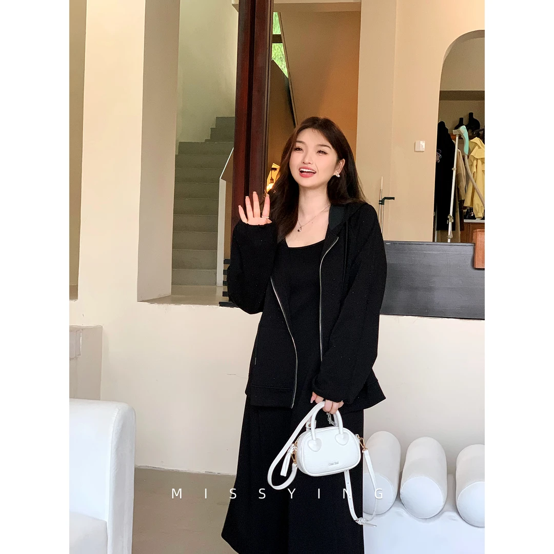 应小姐【数星星】微胖大码女装显瘦显瘦卫衣亮钻外套吊带连衣裙