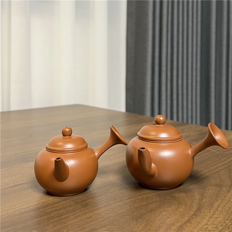 陶一茶器【朱泥喇叭侧把水平壶】紫砂壶朱泥手工手拉壶侧把泡茶壶