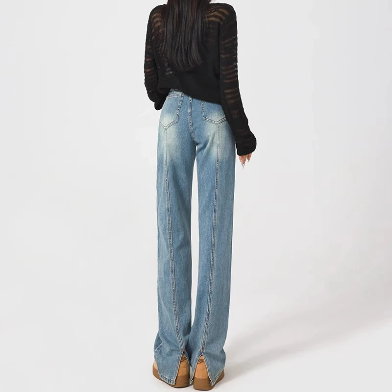 高腰窄版阔腿裤牛仔裤女2024秋冬新款设计感显瘦后开叉直筒裤