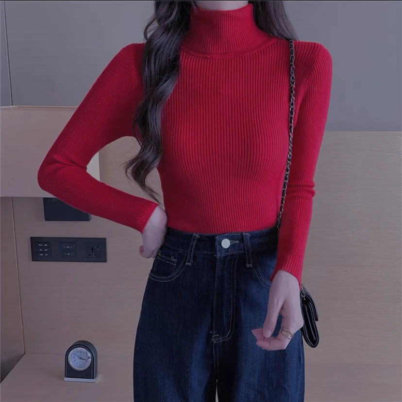 M1205红加厚软糯高领打底针织衫