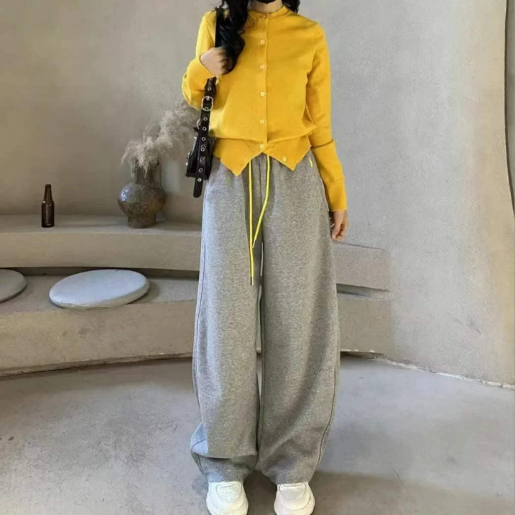 K458浅花灰加绒抽绳宽松休闲裤