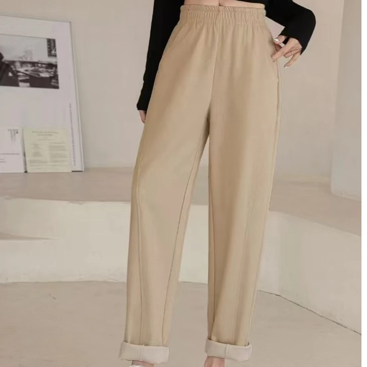 K249香槟色松紧腰休闲镰刀裤2318