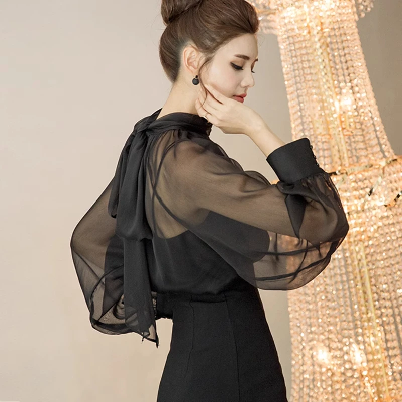 缪斯名媛 2025秋冬气质围巾领灯笼袖女上衣宽松雪纺衫衬衫含吊带