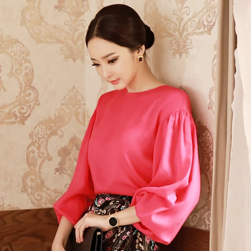 2025秋冬 圆领灯笼袖天丝雪纺衫女通勤长袖小衫韩版大红色上衣